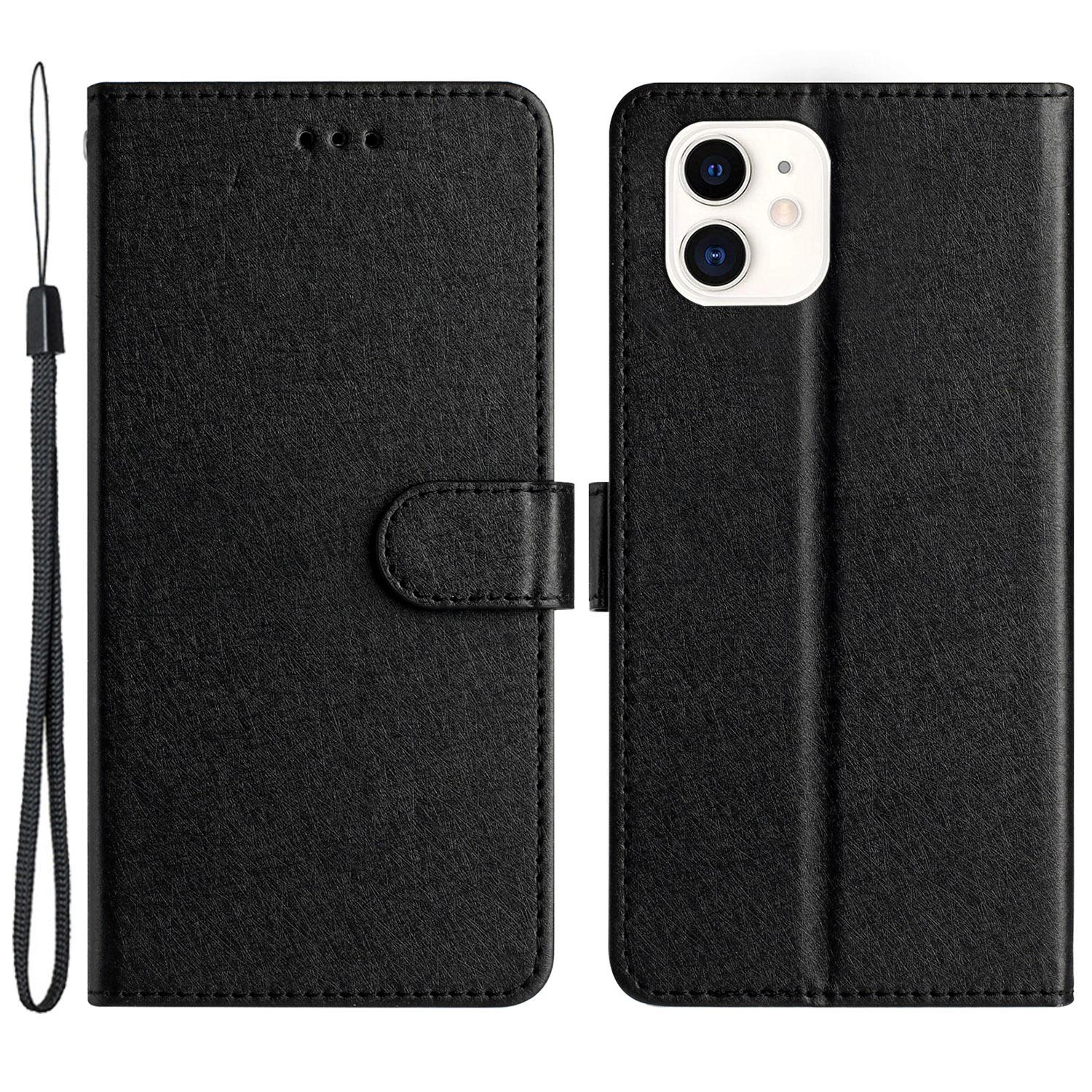 

Wallet Stand Case for iPhone 12 mini 5.4 inch Silk Texture PU Leather Phone Cover with Wrist Strap Black