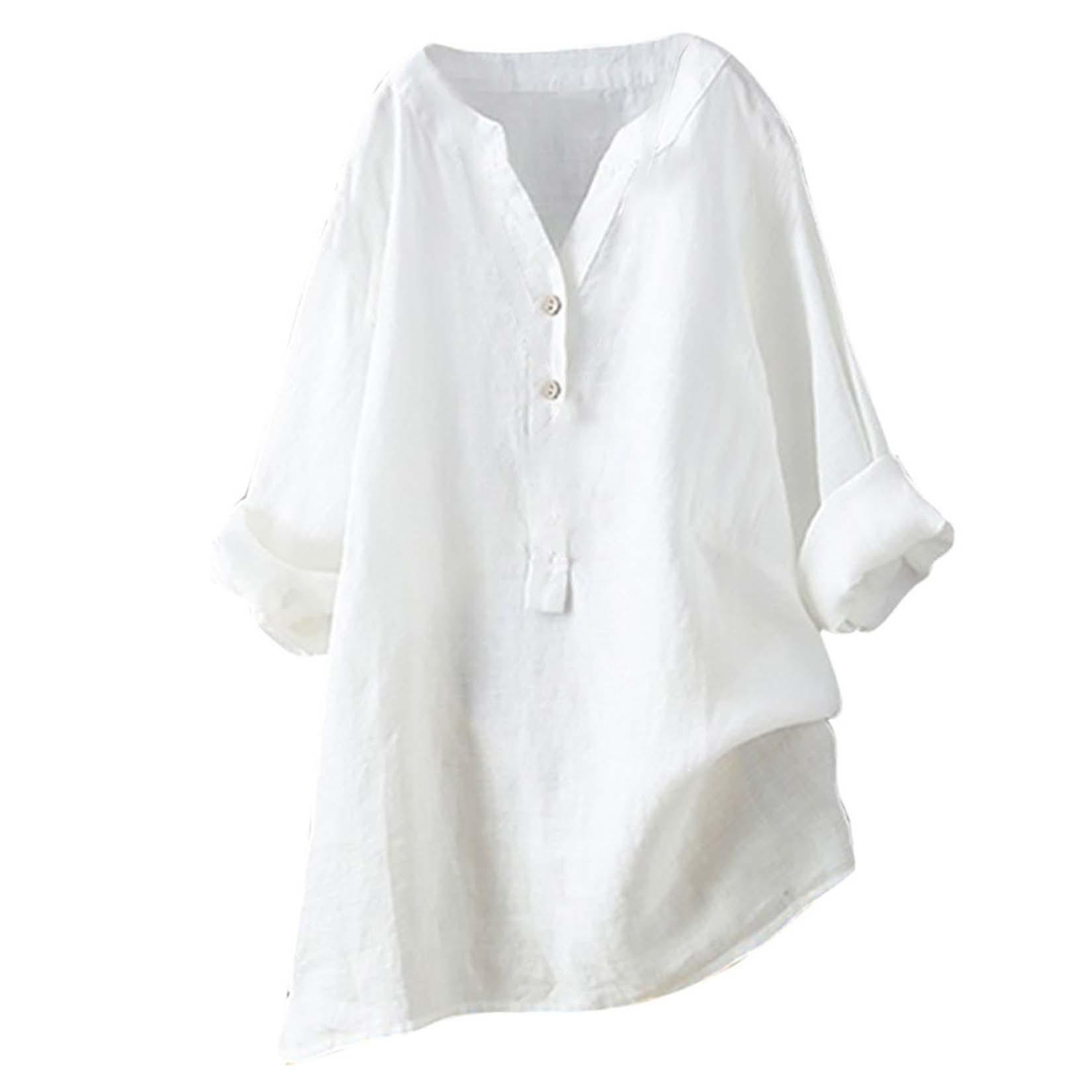 

Женская льняная блузка-henley с V-образным вырезом Свободный крой Длинный рукав Повседневная туника XXXXXL белый
