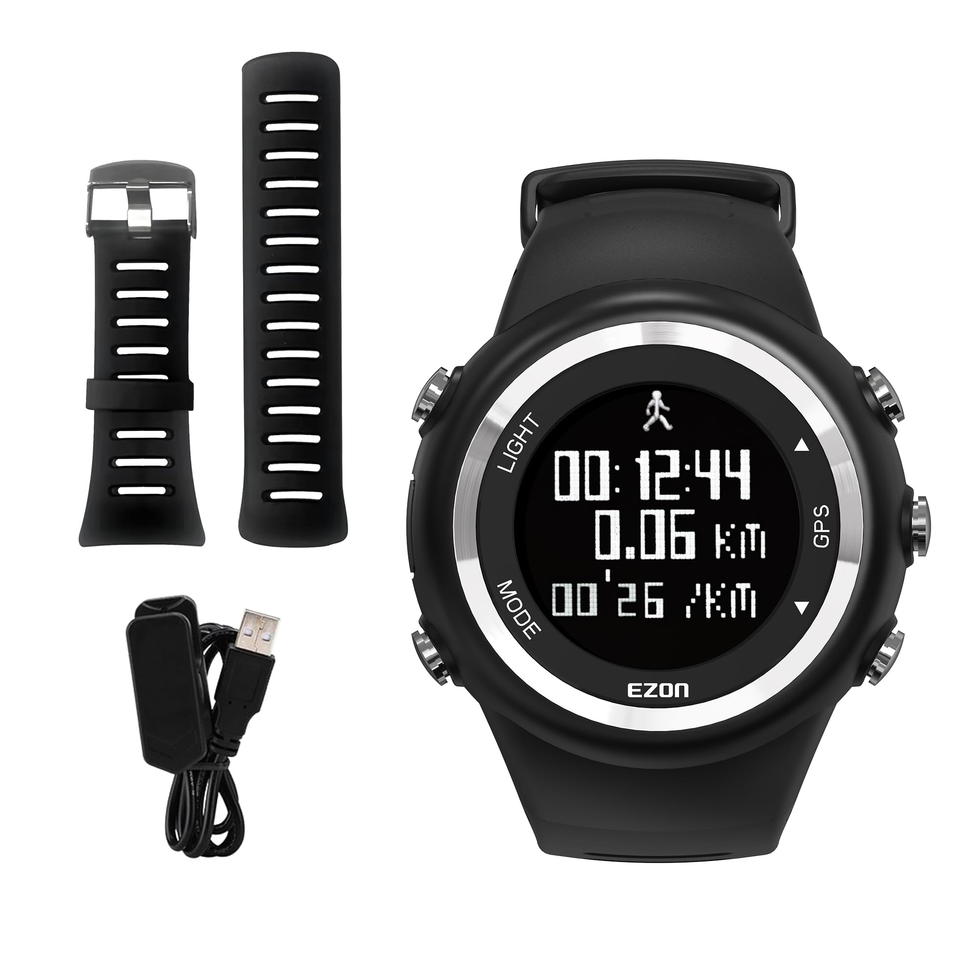 

EZON T031 GPS Часы для бега для мужчин со скоростью, расстоянием, темпом, будильниками, счетчиком калорий и секундомером, черные (Сменный ремешок из ТПУ).