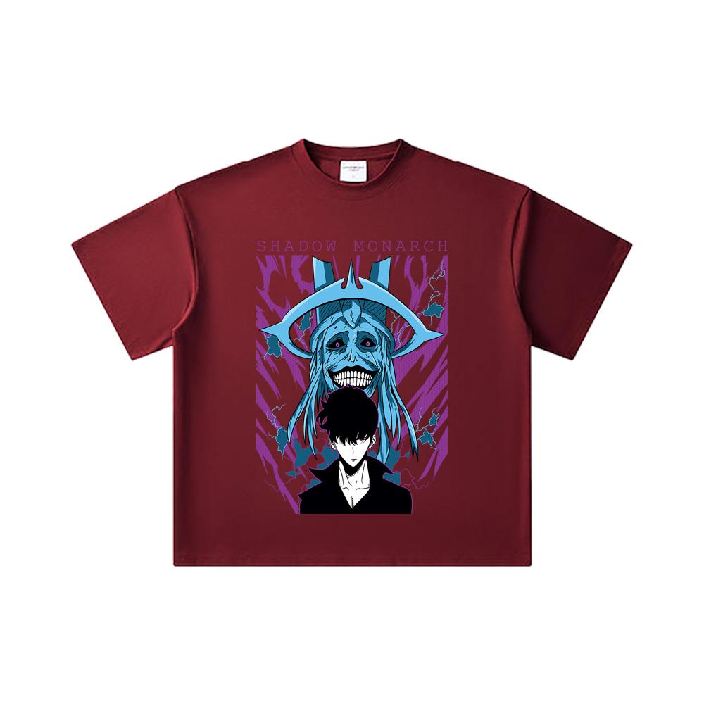 

260 GSM Double Yarn 32 Count 100% Cotton Solo Leveling V5 Print Unisex Heavy Cotton T Shirt 2XL вина червоного кольору
