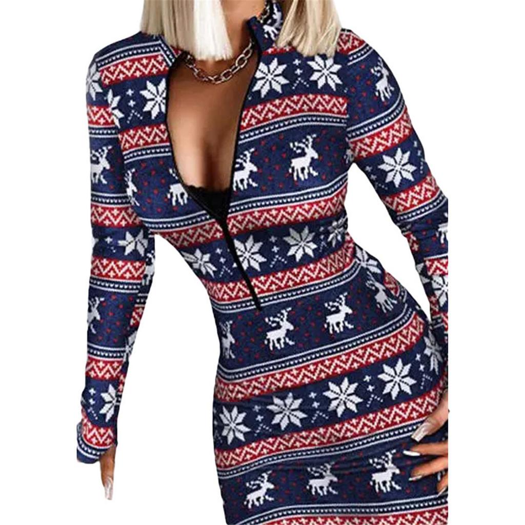 Printed Christmas Models V-neck Zipper Long-sleeved Christmas Dresses for Women