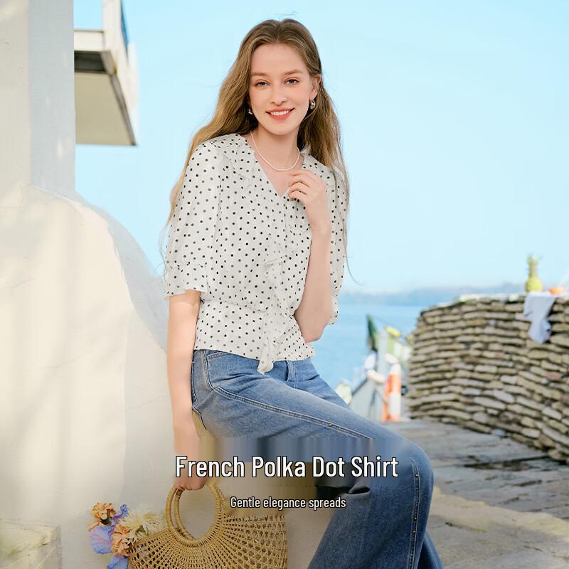 Women's French Style Ruffle Polka Dot Blouse