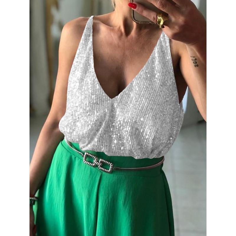 

2023 Летняя рубашка без рукавов для вечеринок, модная Y2k, V-образный вырез, сексуальный блестящий топ для женщин, однотонная майка, свободная уличная одежда для девочек 25937 S восторг