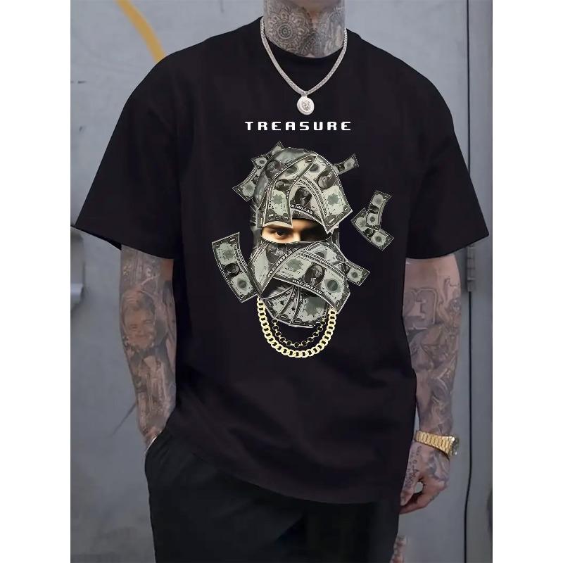 

Men s Treasure Map & Money Mask Print T-Shirt - Golden Coin Dollar Bill Design Short Sleeve Crew Neck Top, Stretch, Streetwear Summer Shirt 4XL