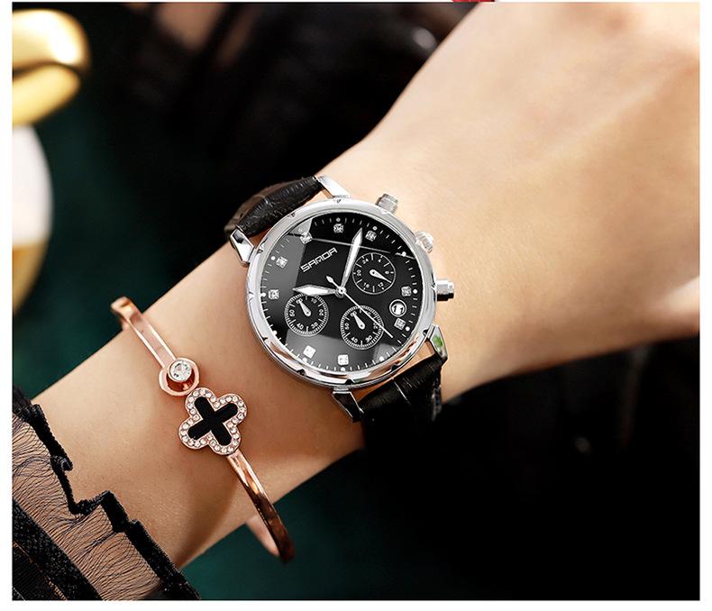 Sanda Women's Trendy Korean Style Casual Watch with Small Seconds, Inlaid Diamonds, and Waterproof Leather Strap
