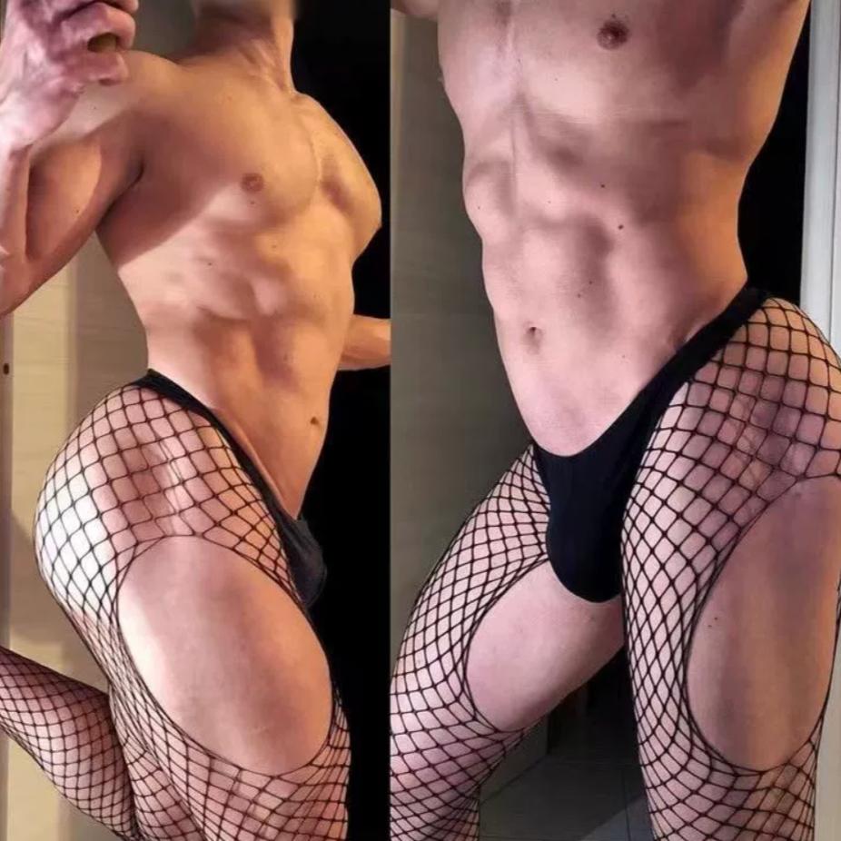 Fun Costumes Men Tights Open Crotch Nightgown Male Underwear Black High Waisted Pantyhose Fishnet Cool Man Socks