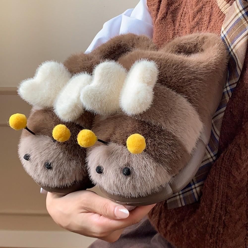3D Little Bee Cartoon Bee Plush Slippers Fluffy Y2K Bee Slippers Soft Warm Fur Slippers  Girls EU40 41 кофейный