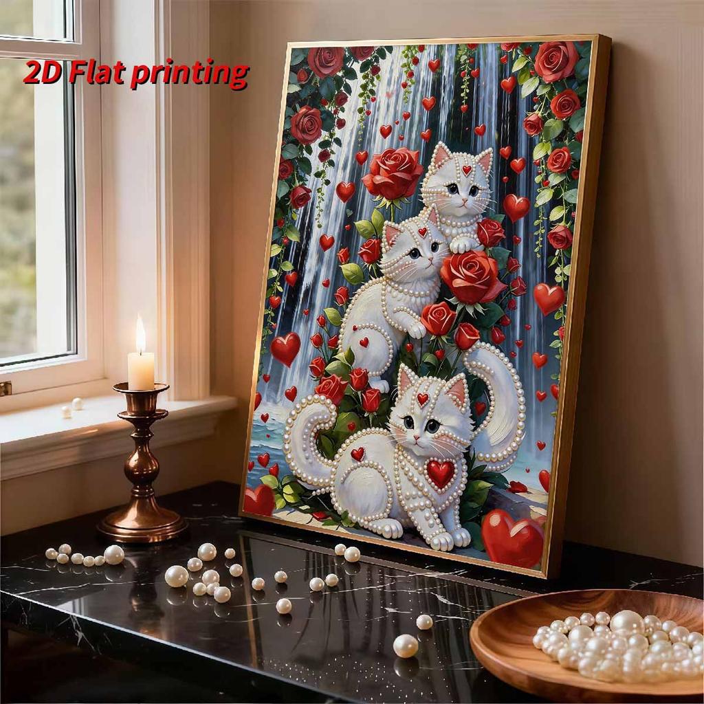 Handmade DIY Pearl Painting Roses and Cats Theme Bedroom Living Room Frameless Diy Handmade Sticky Diamond Creative Canvas Painting