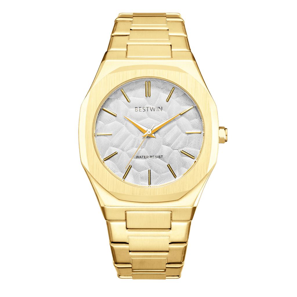 Men's Quartz Watch Embossed Leaf Dial Steel Band Waterproof Fashion Male Wristwatch Premium Quality Steel Strap Business Watches