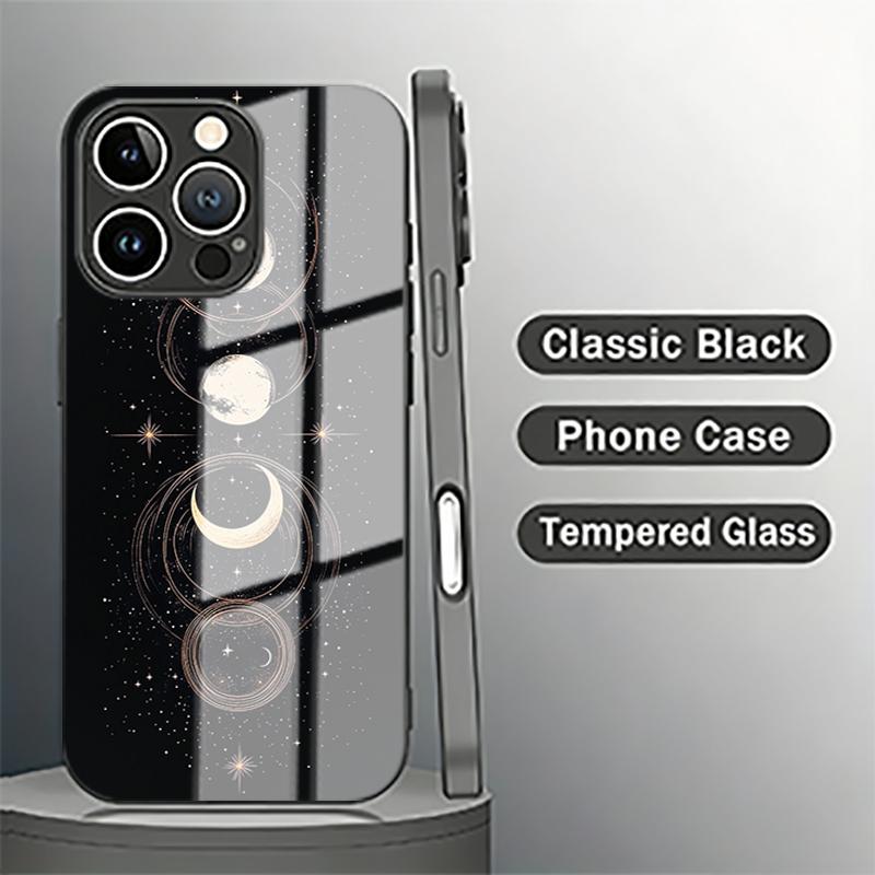 Pink Black Star Phase Moon Wheel Tempered Glass Phone Case for iPhone 17 Pro Max 14 15 16 Plus 13 12 11 X XS XR 16E 17Air Cover