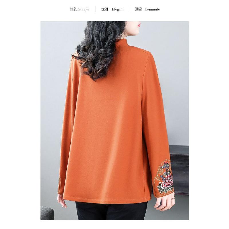 Women's Embroidered Velvet Thickened Bottoming Autumn and Winter New Half Turtleneck Loose Long-sleeved Bottoming Top