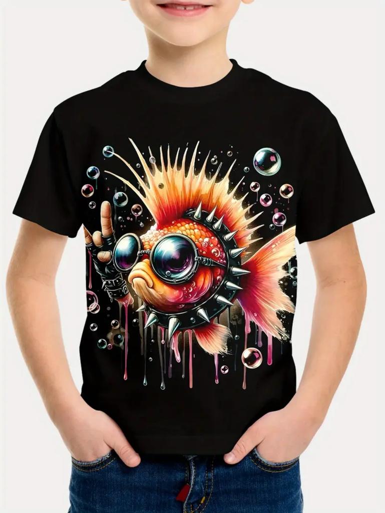 Fish Graphic T-Shirts for Children Short Sleeve Tee Fish Club Solid Casual T-Shirt Top Outdoor Fishing Clothing Children T-Shirt