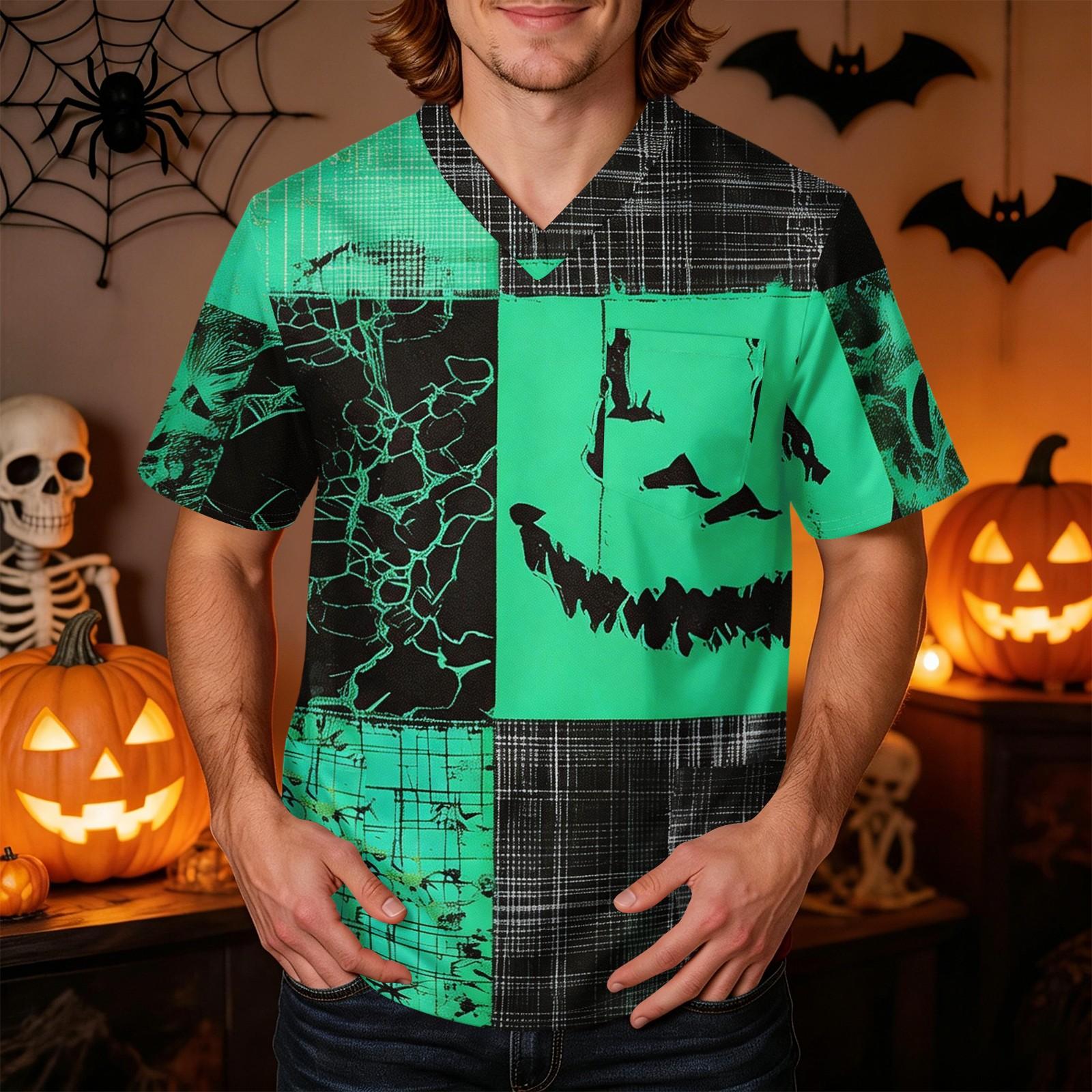 Men s Short Sleeve V-Neck Gradient Print Pocket Work Shirt Top L зелёный
