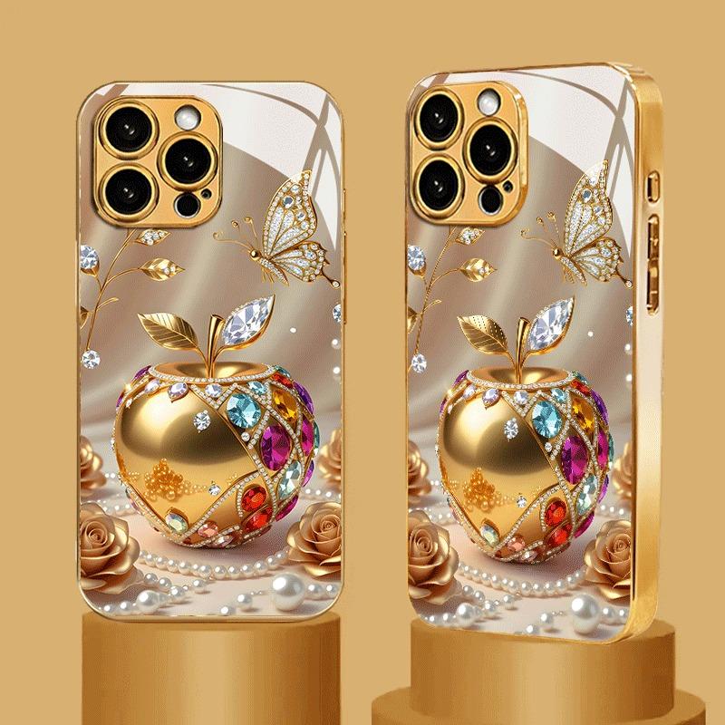 Luxus Goldenes Für Apple Muster Metallische Farbe Glas Handyhülle Für iPhone 17 16 15 14 13 12 11 Pro Max 16 Plus 17 Air 16E Hülle