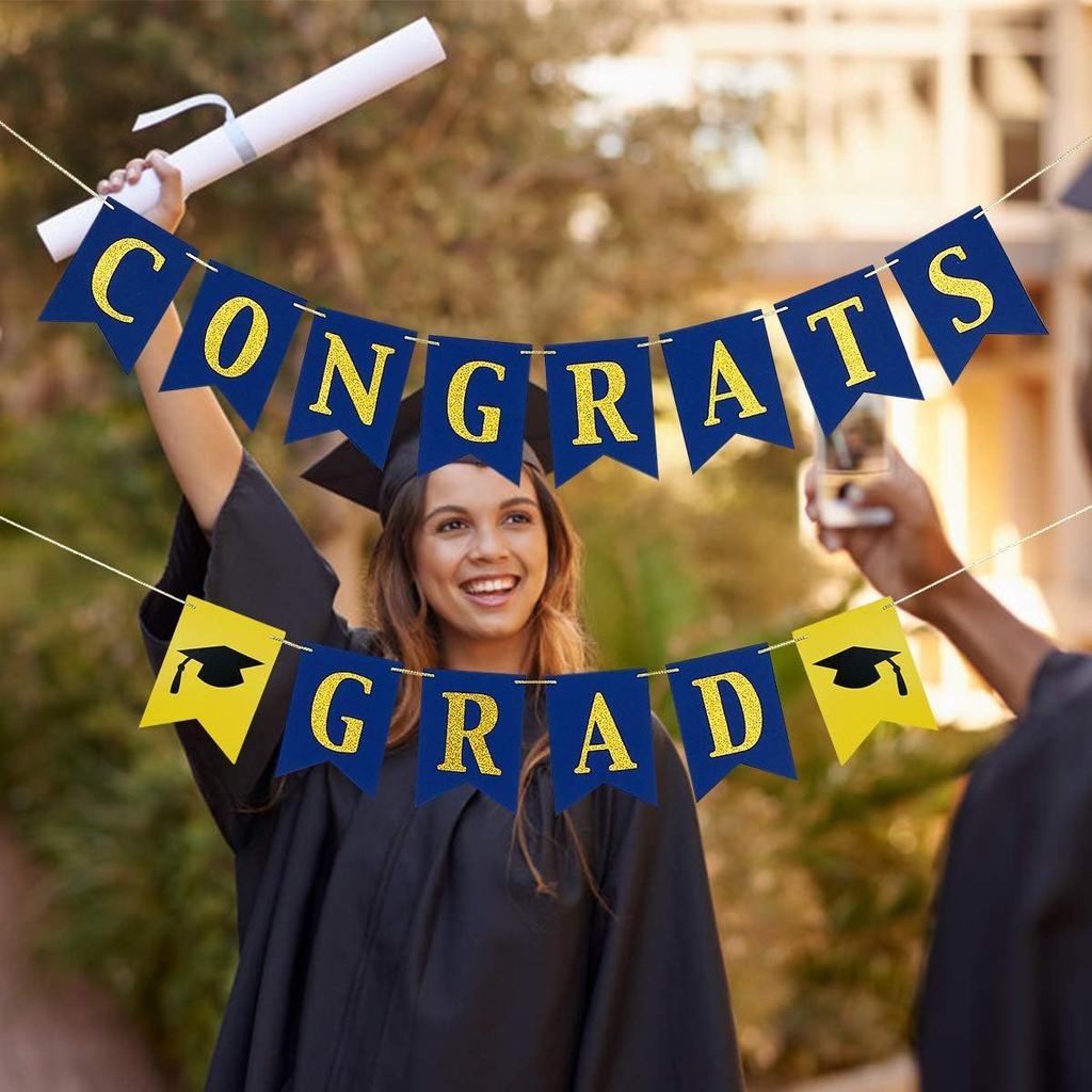 Congrats Grad Banner Blue and Gold Glitter Congratulations Graduation Banner, Congrats Grad Sign Decorations for Blue and Gold Congratulations