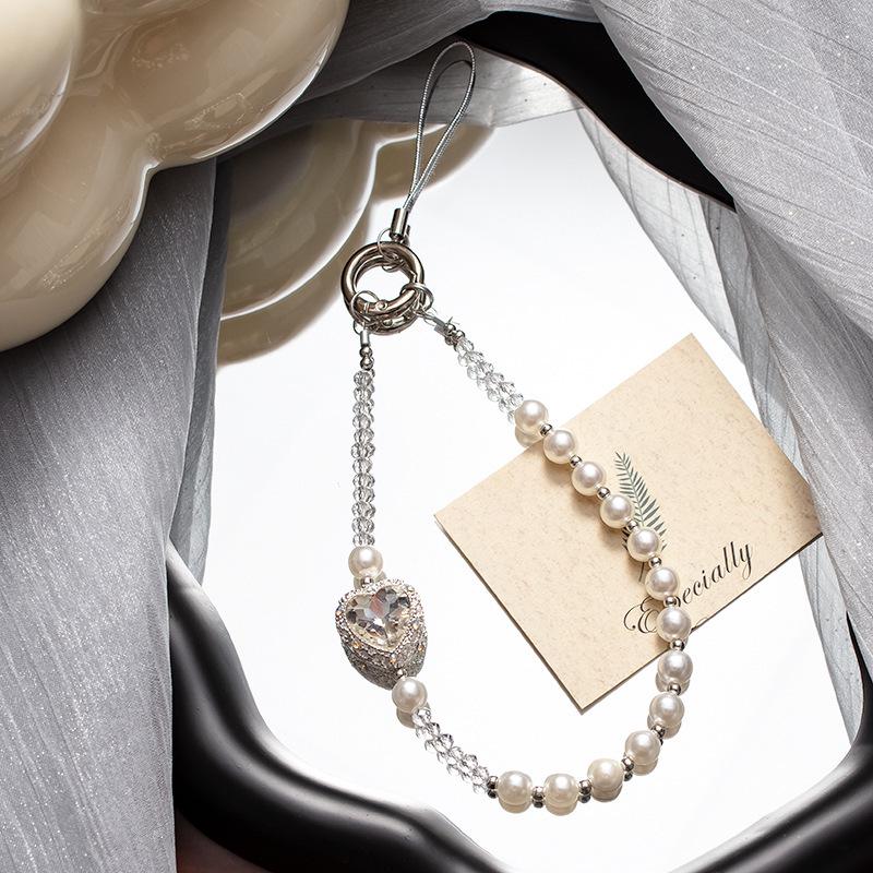 

White Heart Pearl Beaded Glitter Cell Phone Wrist Strap Lanyard