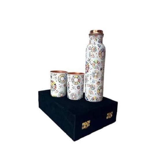 Copper Water Bottle 1 Ltr | Copper Water Bottle with Glass Set | Meena Work | 100% Pure | Leak-Proof | 2 Water Glass 300ml Each | Best for Gifting