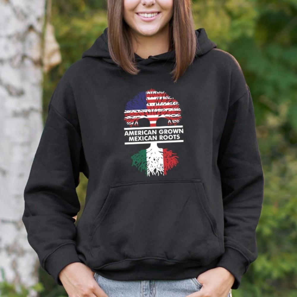 American Grown Mexican Roots Prints Hoodie Women Comfortable Loose Hoody Winter Fleece Warm Tops Basics Pocket