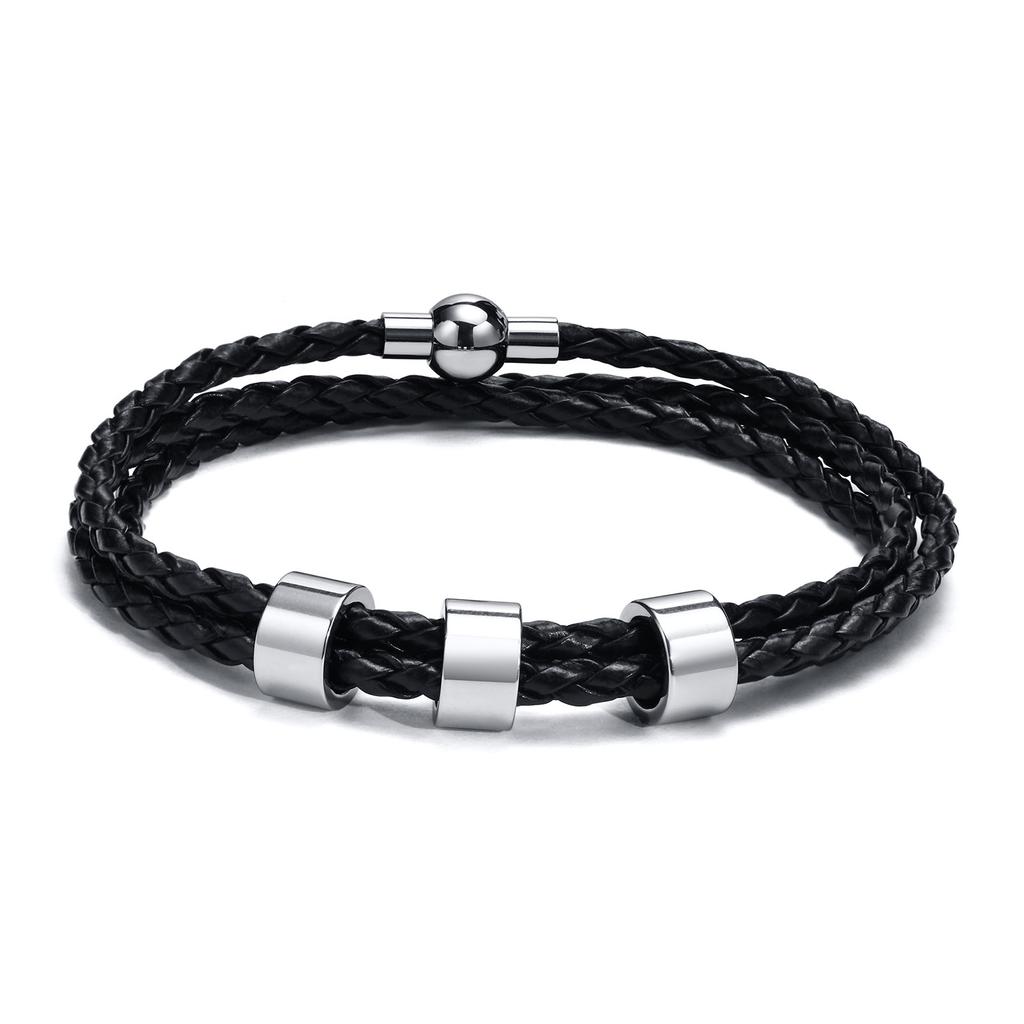 Vnox Free Custom Name Mens Braided Genuine Leather Bracelet Gifts Jewelry,Stainless Steel Beads Charm with Family Names,Dad Gift