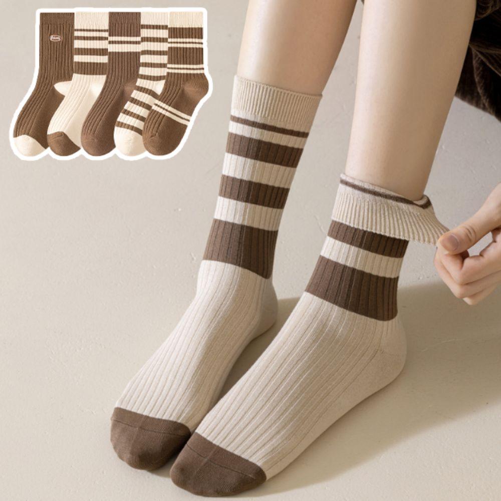 5Pairs Soft Stripe Tube Socks Breathable Mid-calf Socks Women's Cotton Socks  for Four Seasons