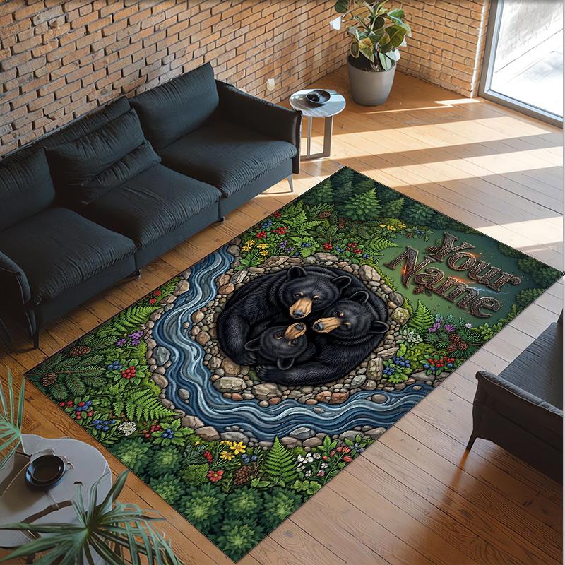 Teddy Bear Theme Crystal Velvet Rug Personalized Custom Name Text Soft Floor Mat Home Decor