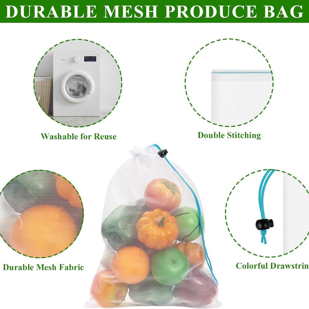 Opakovaně použitelné sáčky ze síťoviny – omyvatelné sáčky – 12 malých červených (8" x 12") Průhledné síťové sáčky pro skladování ovoce, zeleniny, hraček