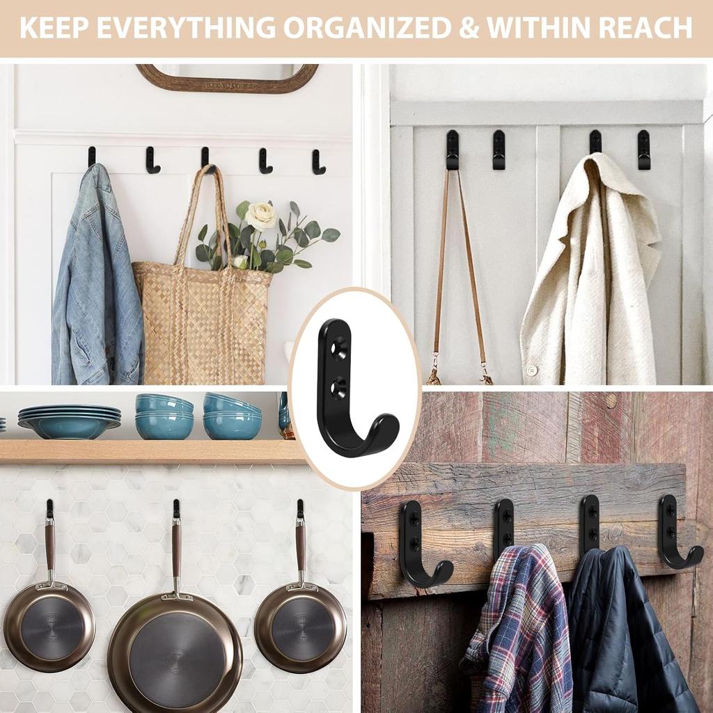 24PCS Zinc Coat Hooks, Metal Single Prong Wall Hooks with 48 Screws, No Rust Black Wall Hooks for Hanging Towel, Coat, Scarf, Bag, Hat, Cup, Key