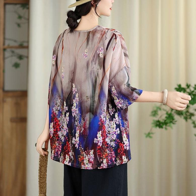 Women's Cotton Linen Printed T-Shirt Summer Thin Short Sleeve Loose Round Neck T-Shirt Top