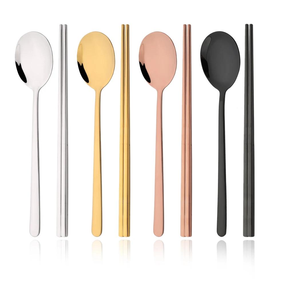 8Pcs/Set Mirror Chopsticks Spoon Cutlery Set Gold Dinnerware Set Luxury Stainless Steel Flatware Korean Tableware Set