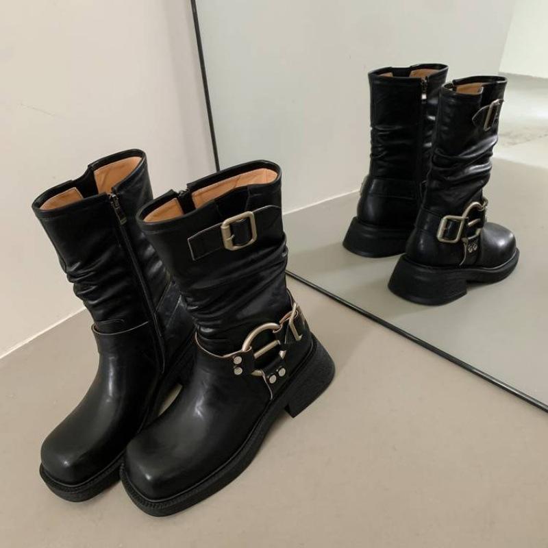 Autumn and winter medium heel large size women's boots solid color side zipper women's leather boots leather knight boots new cowhide low boots