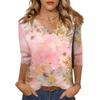 Damebluser Trekvart ermet skjorte V-hals Løs fritidsskjorte Trykk T-skjorte