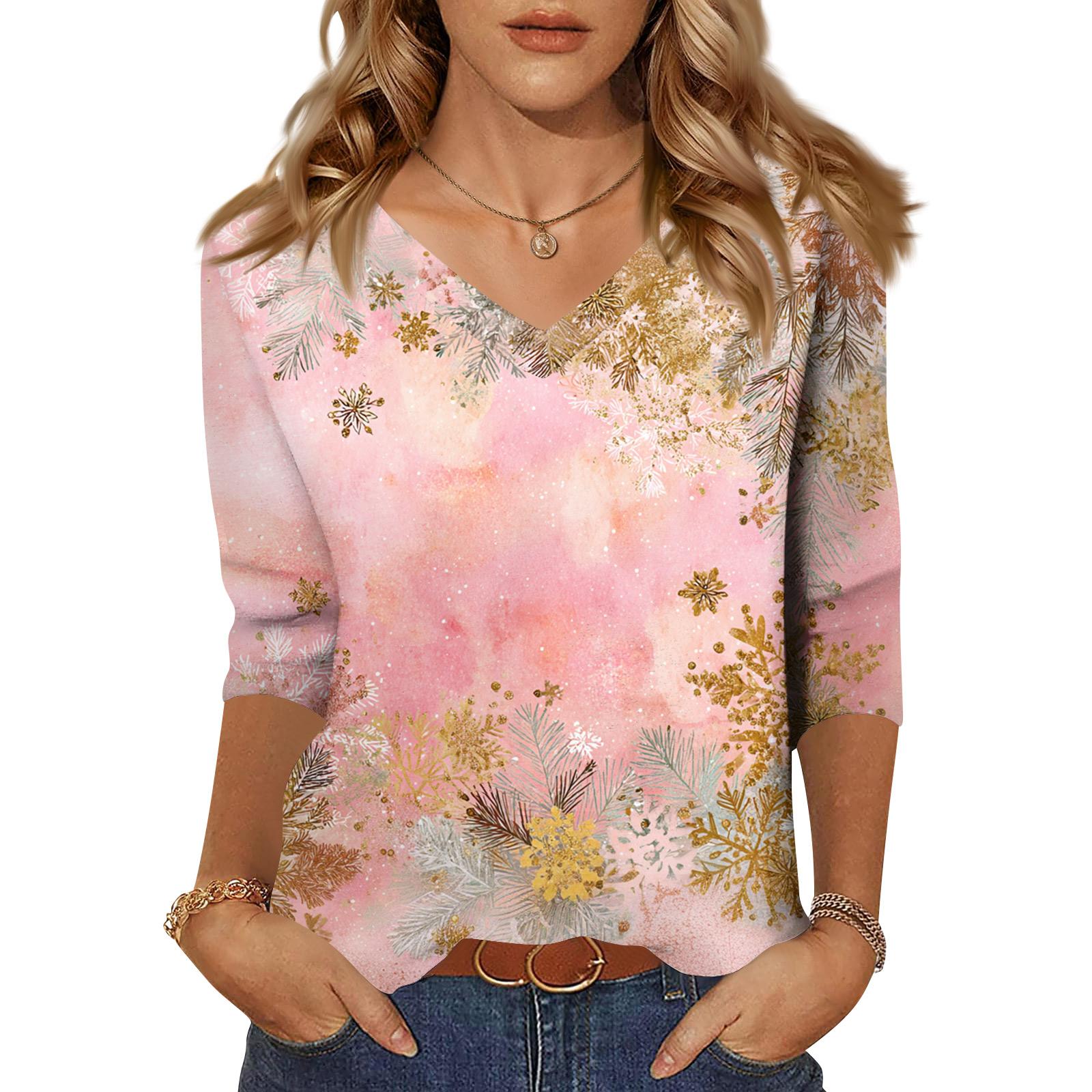 

Женские топы Рубашка с рукавом три четверти V-образный вырез Свободная повседневная рубашка Футболка с принтом XL