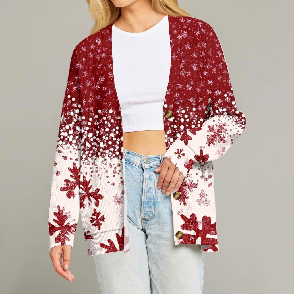 Women's Fashion Long Sleeve Christmas Print V-Neck Button Loose Cardigan Top