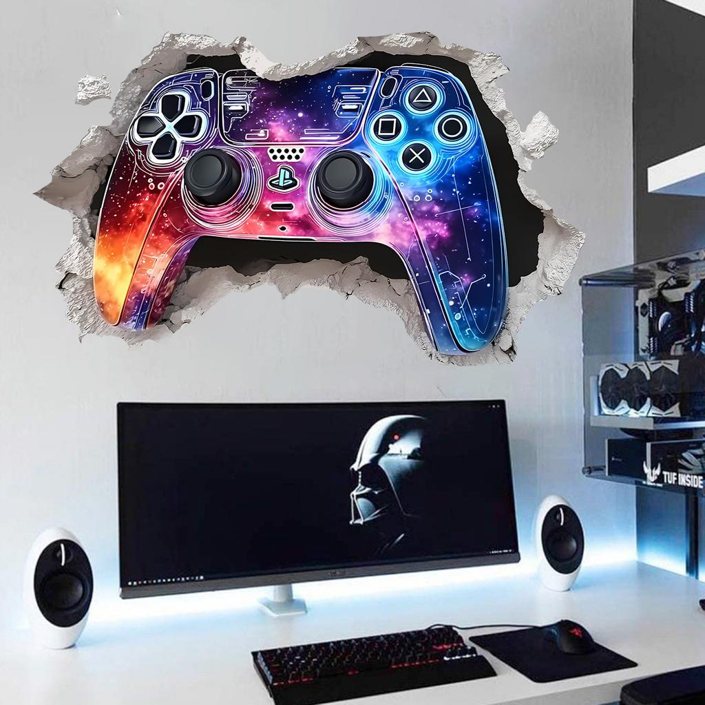 Tecknad 3D Bryta Vägg Spelkontroll Väggklistermärke Självhäftande Avtagbar för Sovrum Vardagsrum Arbetsrum Heminredning