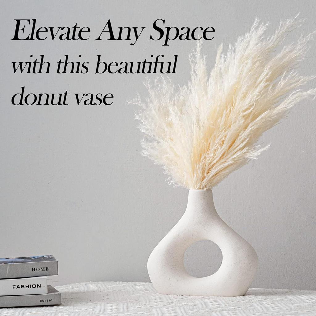 White Ceramic Vase Set of 2 for Home Decor, Round Matte Donut Vases for Pampas Grass, Nordic Style Flower Vases for Living Room Table Office Bedroom