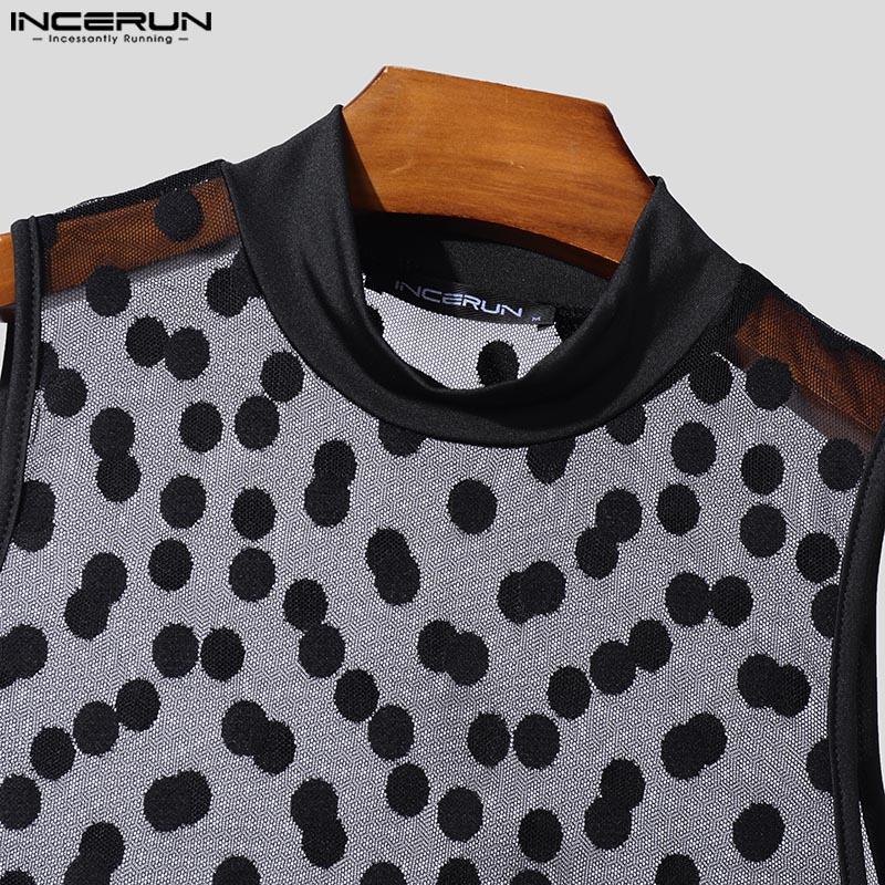 INCERUN Men Mockneck Sleeveless Polka Dots Mesh Bodysuits See Through Fitted Briefs Jumpsuits