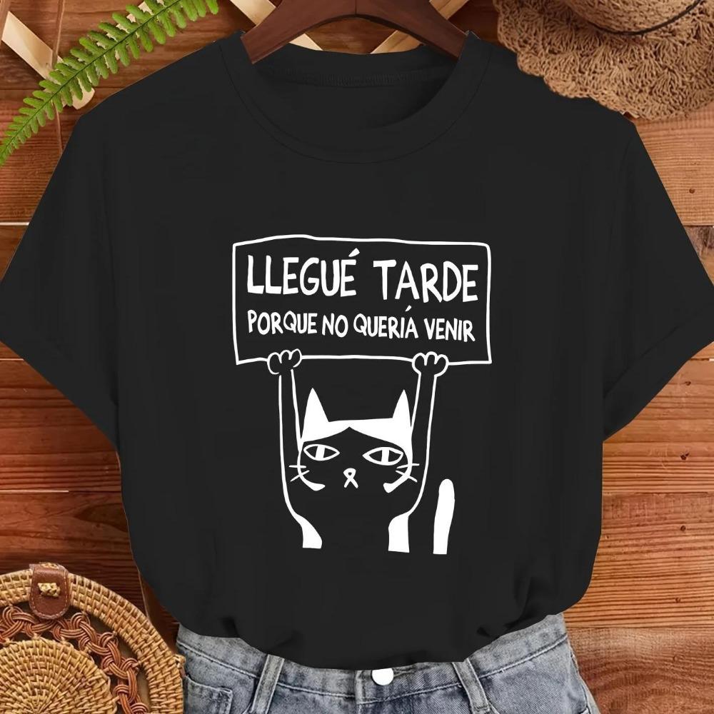 

Women s Casual Short Sleeve T-Shirt Cute Minimalist Cat Graphic with Spanish Quote Print Black Stretch Round Neck Spring Summer M