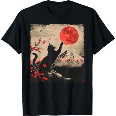 Vintage Japan Art Japanese Theme Retro Print Black Cat T-Shirt