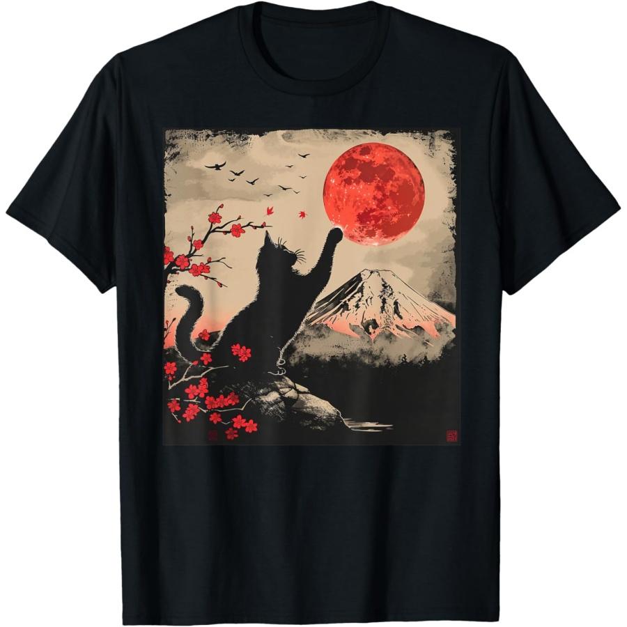 Vintage Japan Art Japanese Theme Retro Print Black Cat T-Shirt S