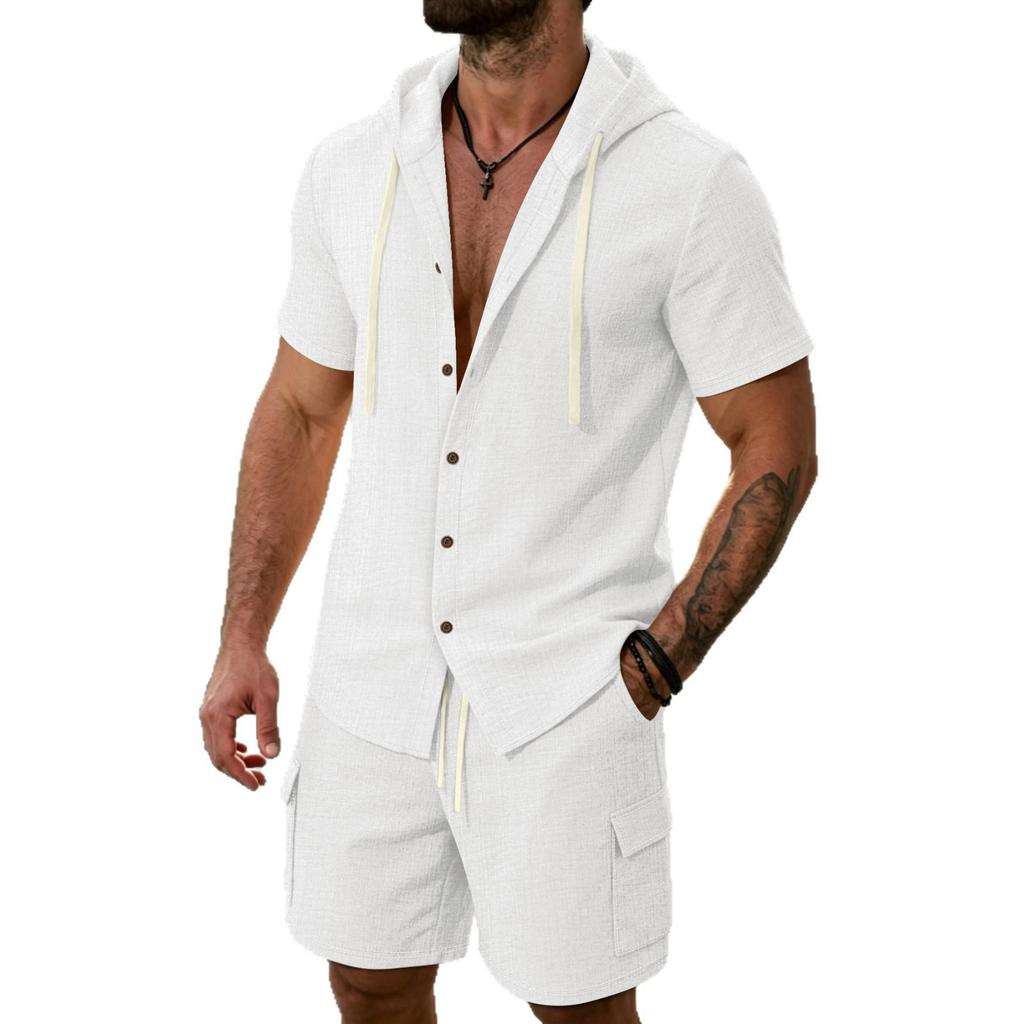 Conjunto de Camisa Casual de Verano Transpirable con Capucha y Pantalones Cortos de Trabajo para Hombre