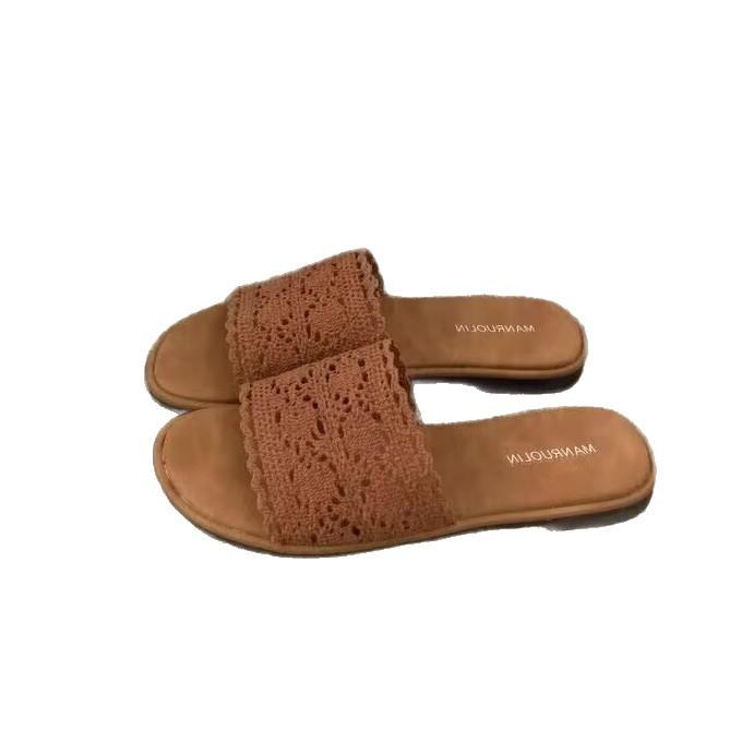 2025 summer new hollow lace flat-bottomed slippers women's simple solid color one-word drag casual women's cool slippers