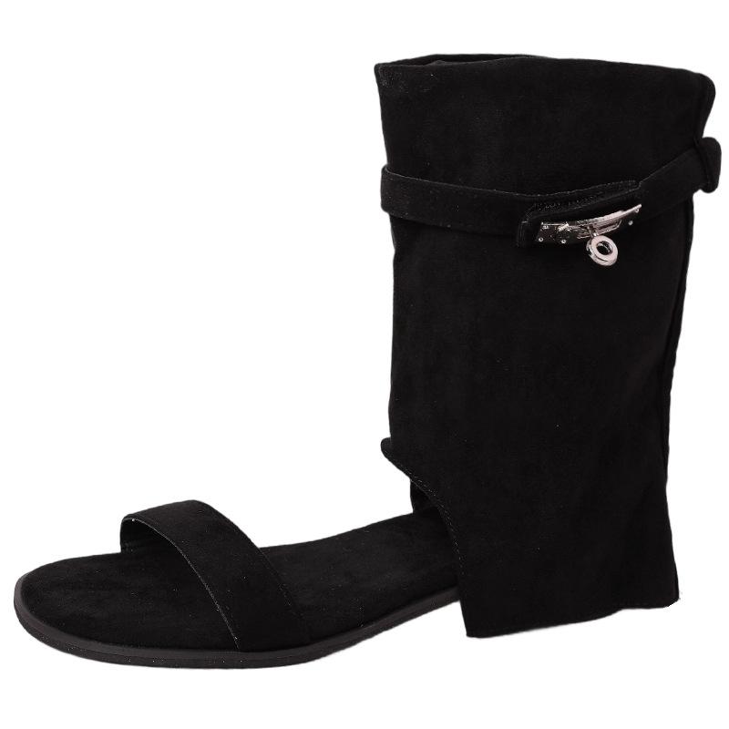 Versatile one-word with short boots retro open-toed cool boots women's summer fashion temperament western trousers boots wedges sandals