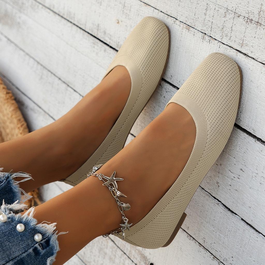 Einfarbiger Rundzehen Fly Woven Flache Sohle Einzelner Schuh für Damen Casual, Atmungsaktiv, Ausgehöhlte Gestrickte Slipper Arbeitsschuhe