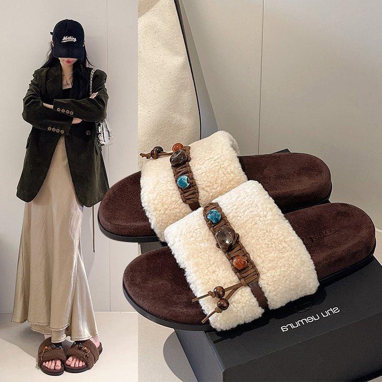 [Ushilai] 2025 autumn new lamb wool slippers women's one-word versatile flat-bottomed non-slip outer slippers