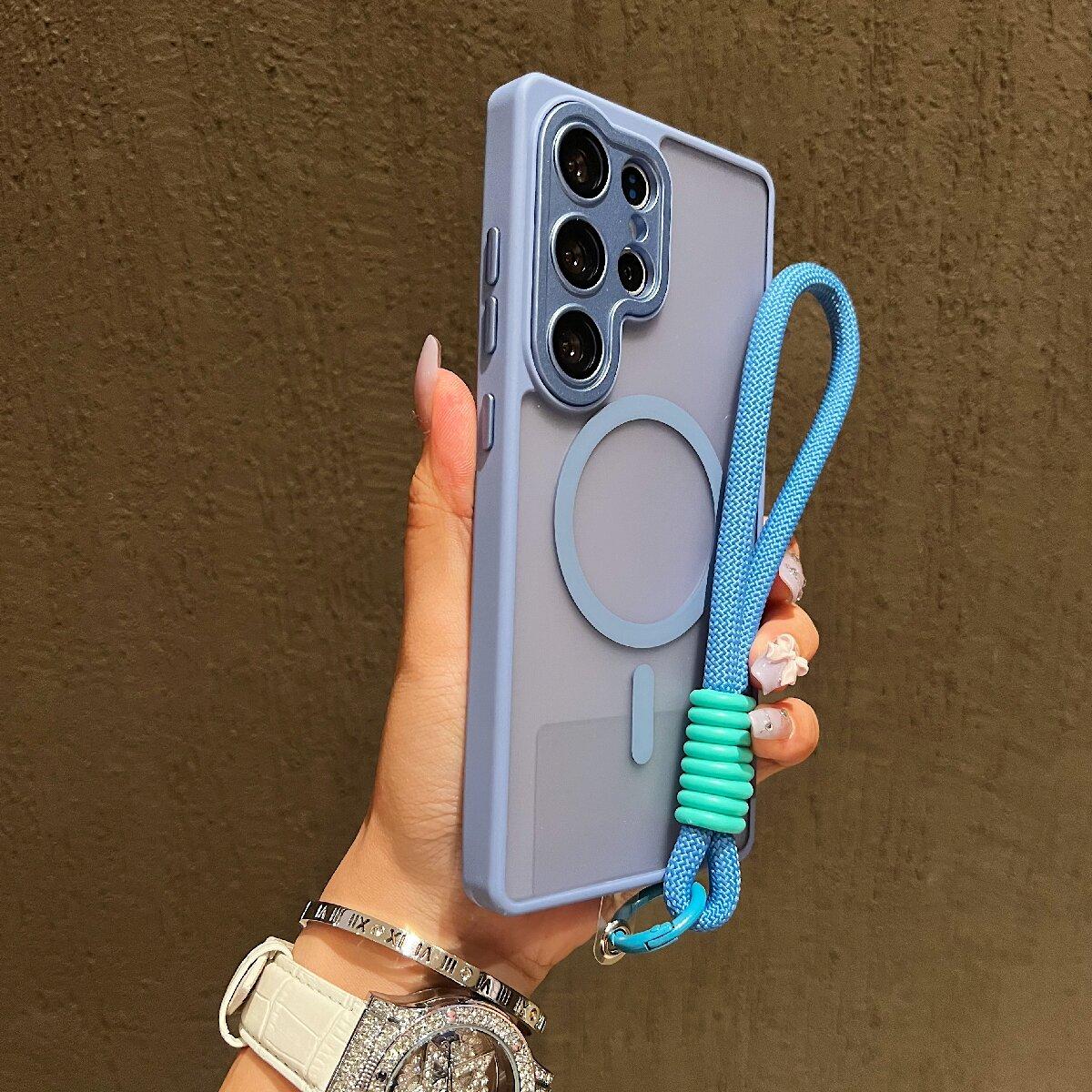

New Matte Translucent With Lanyard Shockproof Magnetic Cover for Samsung Galaxy S25 Edge S24 S23 Ultra Plus S24FE Magsafe Case Case & Strap&Galaxy S23 Ultra небо синє кольору