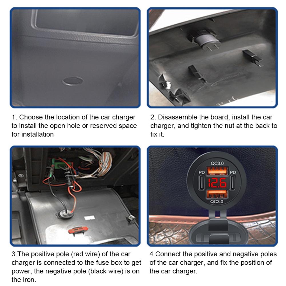 Dual PD Dual QC 3.0 USB Car Charger with Voltmeter Power Outlet Adapter 4 Ports Fast Charging Outlet 78W for Phone Tablet