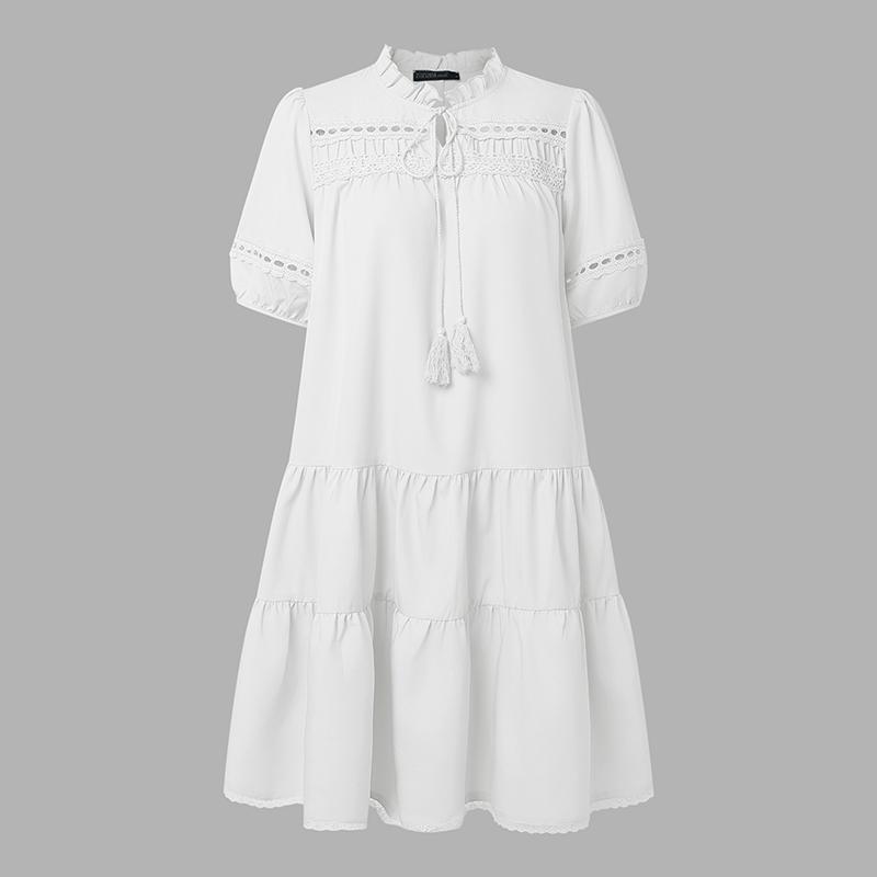 

ZANZEA Женское повседневное платье с круглым вырезом, коротким рукавом, кружевной вставкой M белый