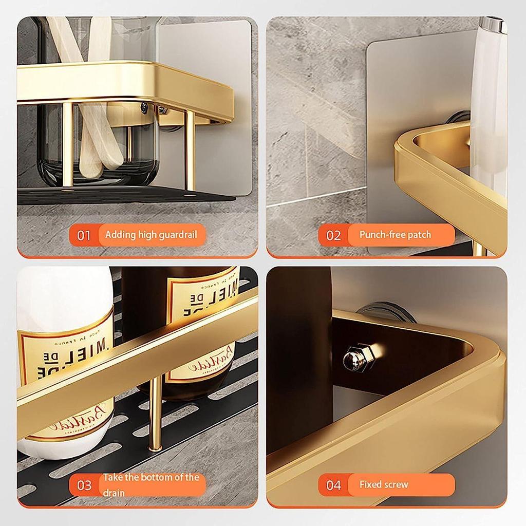2 Pcs Aluminium Heavy Duty Self Adhesive Bathroom Shelf for Wall, Multipurpose Wall Mounted Bathroom Organiser, Washroom Organizer (Gold)