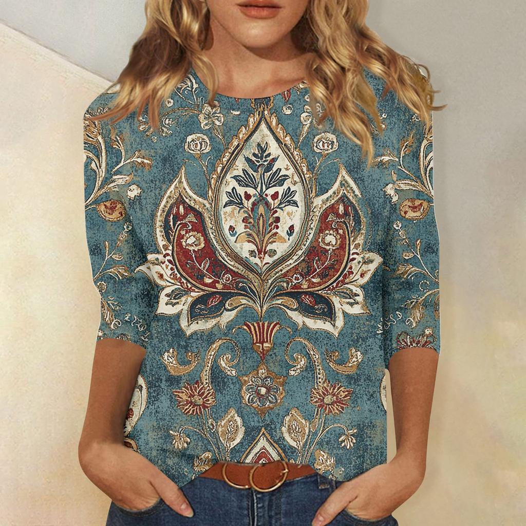 Women's Fashion Casual Seven Sleeve Vintage Printed Round Neck T-Shirt Top