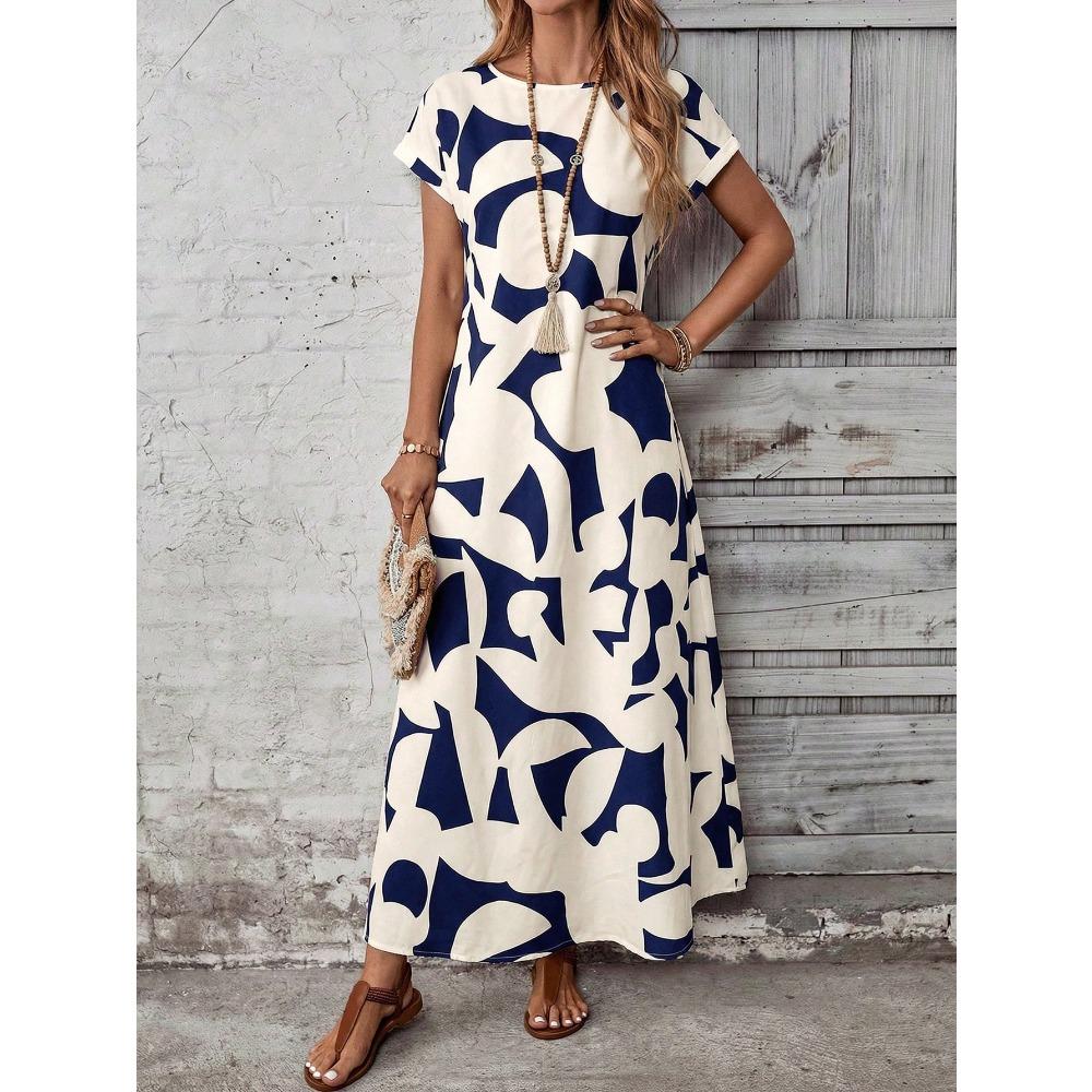 

Women Casual Vacation Short Sleeve Maxi Dress With Geometric Print 6XL